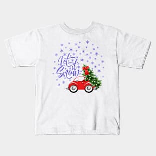 Let It Snow Red Car and Christmas Tree Kids T-Shirt